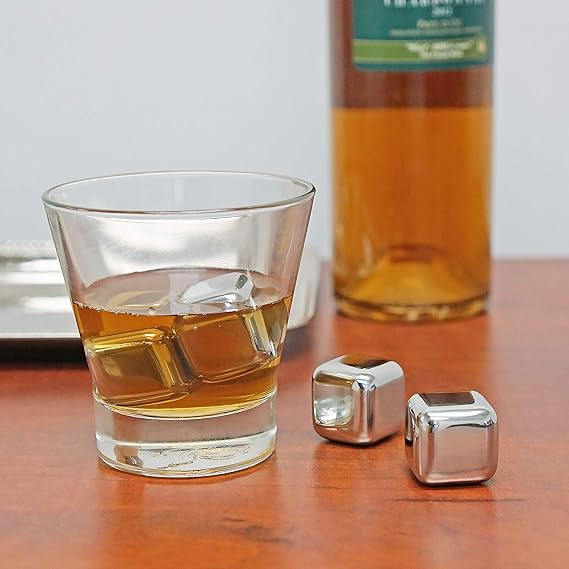 Wine Chillers Metal Ice Cube, Stainless Steel Whiskey Stones, Reusable Whiskey Rocks Beverage Chilling Stones for Scotch and Bourbon, Cool Dad Gadgets, Gift for Mens Valentines, Silver 8 cube with tong