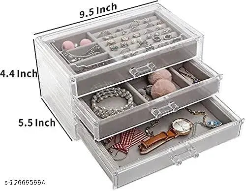 Jewelry Box, 3 Drawers Velvet Jewelry Organizer for Ring Earring Necklace Bracelet Display Clear Acrylic Jewelry Storage Case Gift for Women Ladies Girls