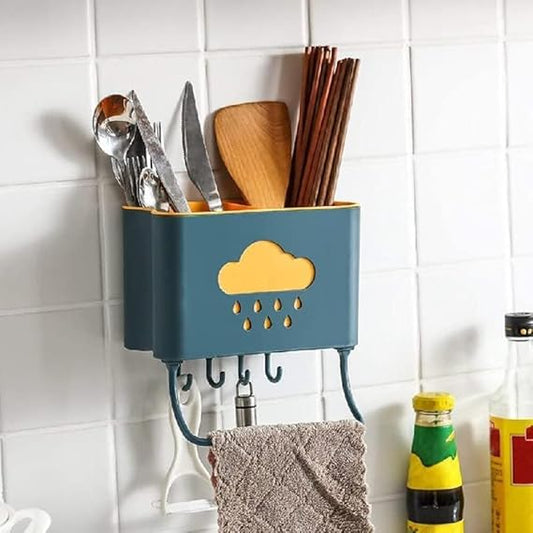 Kitchen Storage Cloud Series Plastic Cutlery Holder for Spoon, Towel, Wall Hanging 4 Hooks with Mounted Self Adhesive Shelf Basket | 1 Pcs