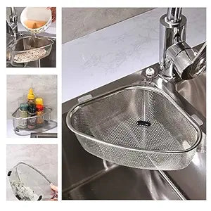 Kitchen Triangle Sink Strainer, Corner Sink Strainer, Multifunction Sink Drain Strainer Basket, Stainless Steel Food Catcher Strainer for Kitchen Waste, Vegetable, Fruits (Silver) (CF-001)