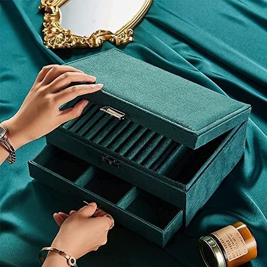 Royal Green Velvet 3 Layer Jewelry Organizer Case, Display Storage Box with Lock and drawer for Rings, Necklace, Earrings for Girls