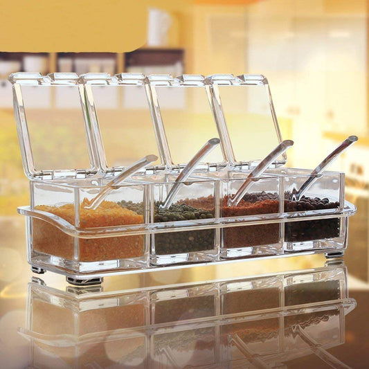 Crystal Spice Rack Acrylic Spice rack with spoon, 4 Compartment Spice Box Kitchen Ware || Masala Container