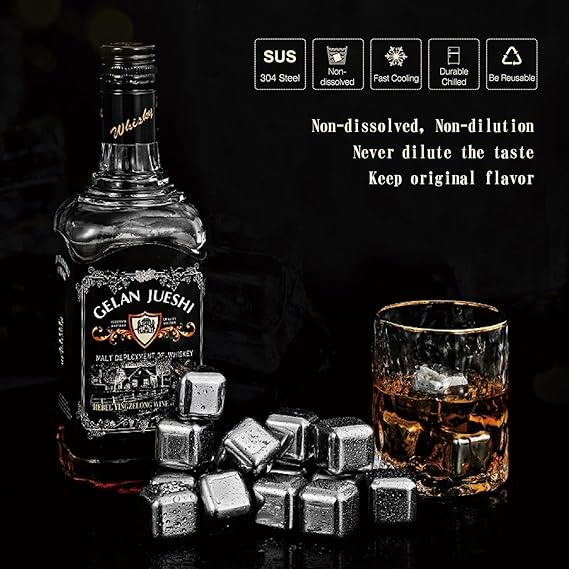 Wine Chillers Metal Ice Cube, Stainless Steel Whiskey Stones, Reusable Whiskey Rocks Beverage Chilling Stones for Scotch and Bourbon, Cool Dad Gadgets, Gift for Mens Valentines, Silver 6 cubes with tong