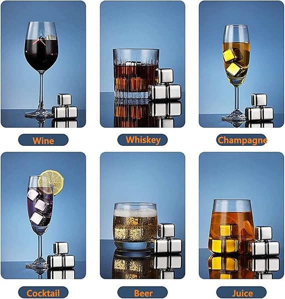 Wine Chillers Metal Ice Cube, Stainless Steel Whiskey Stones, Reusable Whiskey Rocks Beverage Chilling Stones for Scotch and Bourbon, Cool Dad Gadgets, Gift for Mens Valentines, Silver 6 cubes with tong