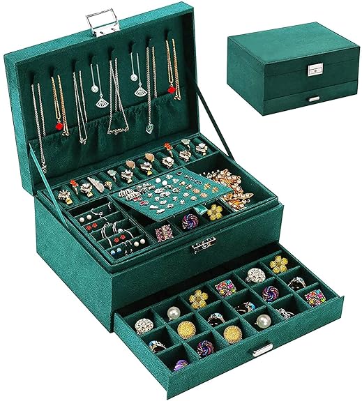 Royal Green Velvet 3 Layer Jewelry Organizer Case, Display Storage Box with Lock and drawer for Rings, Necklace, Earrings for Girls