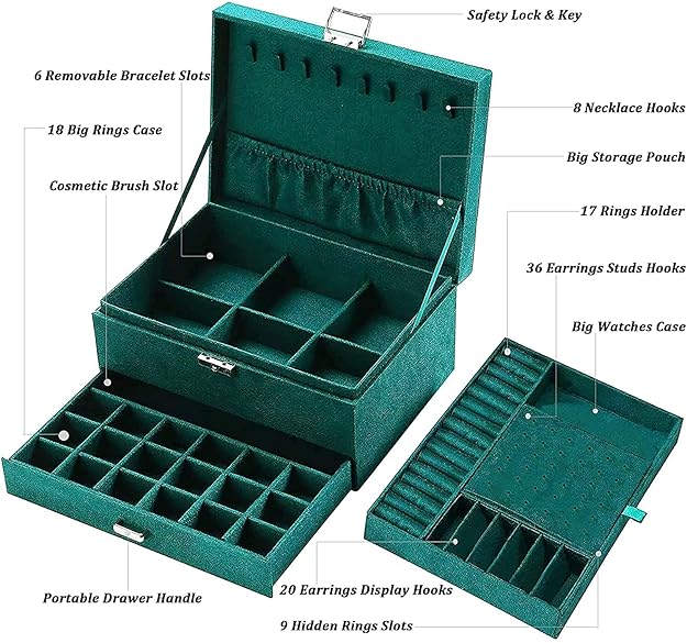 Royal Green Velvet 3 Layer Jewelry Organizer Case, Display Storage Box with Lock and drawer for Rings, Necklace, Earrings for Girls