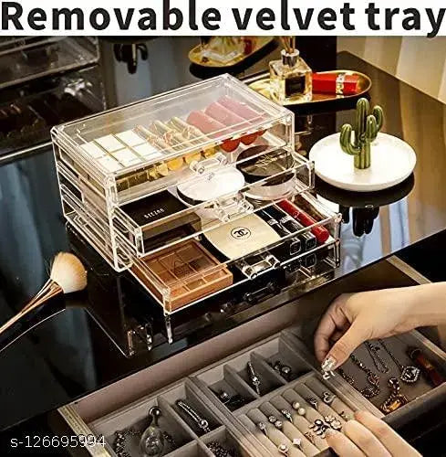 Jewelry Box, 3 Drawers Velvet Jewelry Organizer for Ring Earring Necklace Bracelet Display Clear Acrylic Jewelry Storage Case Gift for Women Ladies Girls