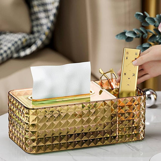 Luxury Tissue Box Holder | Diamond Napkin Container Case Multi Functional Tissue Paper Box Holder with 2 Compartment for Decorative Makeup Brush/Pen/Remote Organizer for Home/Office (Multicolor)