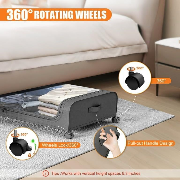1 Pc Under Bed Storage Organizer Zip Cover With Wheels, Rolling Under Bed Storage Container, Bedroom Storage Organization With Handle- Black, Metal, Fabric