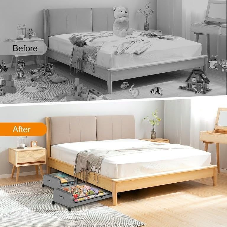 1 Pc Under Bed Storage Organizer Zip Cover With Wheels, Rolling Under Bed Storage Container, Bedroom Storage Organization With Handle- Black, Metal, Fabric