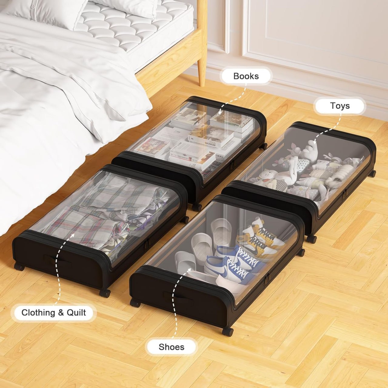 1 Pc Under Bed Storage Organizer Zip Cover With Wheels, Rolling Under Bed Storage Container, Bedroom Storage Organization With Handle- Black, Metal, Fabric